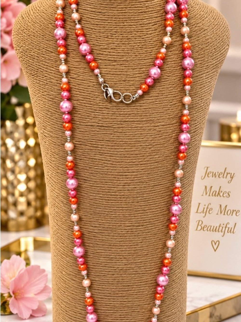 Pink & Orange fresh water pearl Beaded Necklace with Pearl Accents
